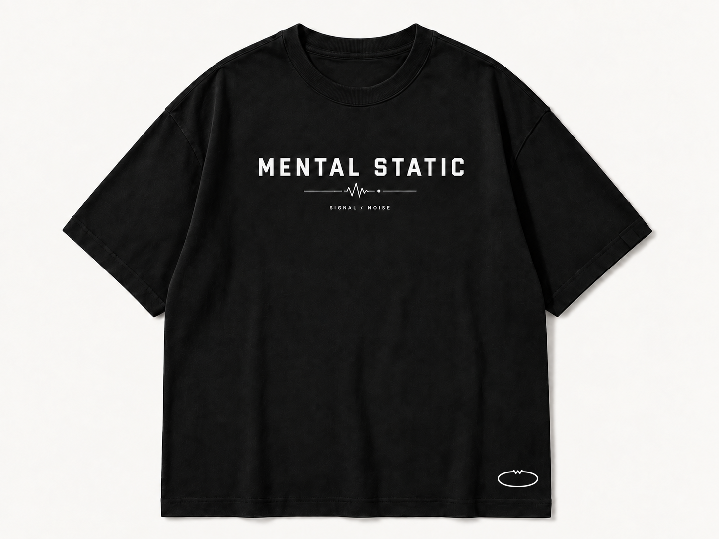 黑色 T 恤：居中 MENTAL STATIC 英文印花、波形及下摆小光环